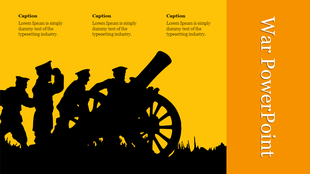 War themed template featuring a silhouette of soldiers and a cannon, with three caption sections and bold text.