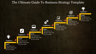 Business strategy timeline with yellow staircase, milestone icons like lightbulb, gears, and trophy, spanning 2017-2023.