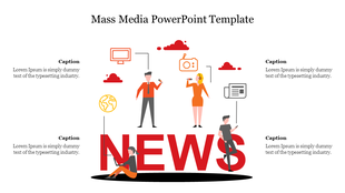 Mass Media PPT slide showcasing reporters, digital tools, and global communication symbols with bold text.