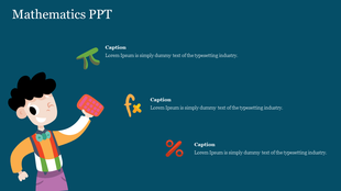 Mathematics PowerPoint slide with a cheerful cartoon character holding a calculator, alongside math symbols with captions.