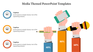 Media slide featuring three hands holding a smartphone, pencil, and microphone, with percentage values and text beside.