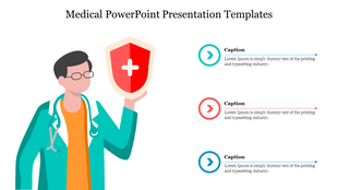 Illustration of a doctor holding a red shield with a white cross, with three captions in colored arrows on the right.