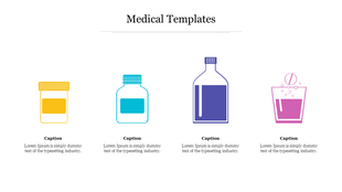 Colorful illustrations of medical bottles and containers, including a pill bottle, liquid bottle, and glass of medication.