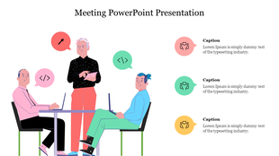 PowerPoint slide featuring an illustration of a team meeting with speech bubbles and code icons with captions.