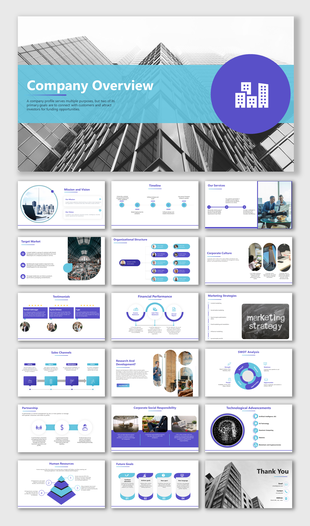 Company profile PPT featuring slides on mission, vision, organizational structure, financial performance, and future goals.
