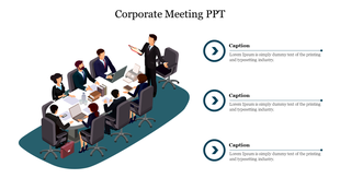 Corporate slide with isometric illustration of a business team at a conference table and three caption blocks on the right.