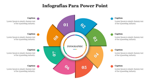 Infografias Para PowerPoint colorful circular infographic slide with eight numbered segments with captions.