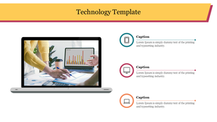 Technology slide with a laptop image showing a sales chart on the left and three caption icons with text on the right.