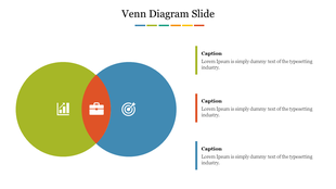 Colorful Venn diagram PPT slide showing three sections with icons for growth, business, and target planning with captions.