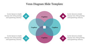 Venn diagram template with four intersecting colored circles in center and infographic-style icons paired with captions.