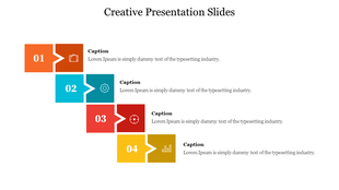 Creative layout with staggered numbered steps in orange, teal, red, and yellow blocks, each followed by a caption.