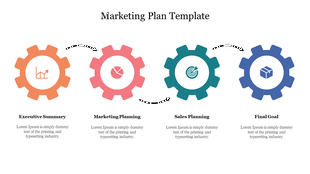 Gear shaped icons in orange, pink, teal, and blue illustrating the stages of a marketing plan with placeholder text below.