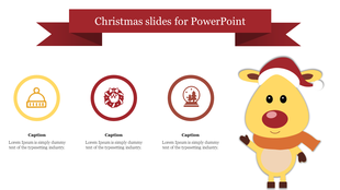 Christmas slide with title, three icons in yellow and red circles, and a cartoon reindeer wearing a Santa hat and scarf.