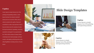 Slide with three images of a laptop displaying sales graph, a handshake, and a trophy, framed by red and white sections.