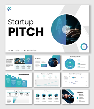 Startup presentation with blue circles, startup visuals, charts, team slides, and editable business layouts.