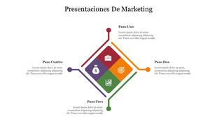 Presentaciones de marketing featuring a diamond with four colorful sections in red, orange, gteen, and purple, with icons.