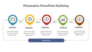 Marketing PPT slide with color coded icons for business topics connected by arrows with placeholder text on a white theme.