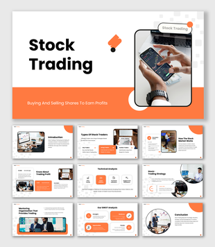 A stock trading presentation showing market charts, trader types, SWOT blocks, and bold orange color shapes.