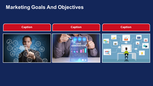 Slide with three sections in red and blue, featuring tech, data, and digital workflow visuals with icons and illustrations.