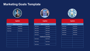 Three column table layout on a dark blue background, each column with a red header and circular icons above.