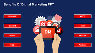 Hands holding a tablet displaying DM, surrounded by digital marketing icons, with eight red buttons, on a blue background.
