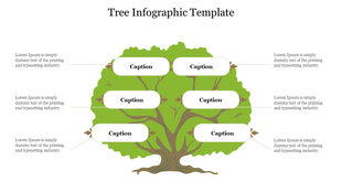 PowerPoint slide featuring a tree graphic with placeholders for captions on its branches and leaves for information.