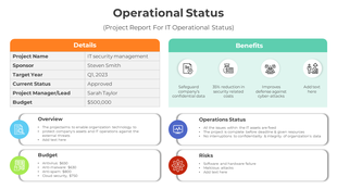 Operational status template showing project details, benefits with icons, and placeholder captions for project data.