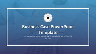 Business case PowerPoint template featuring a close up of a person’s hands with a laptop in the background on a blue theme.