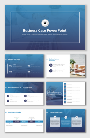 Business case slide deck with a blue theme, featuring agenda, timeline, certification benefits, and operational tasks.