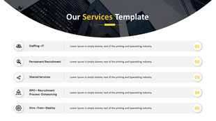 Template with a skyline background, showcasing five service categories with icons and numbered text placeholders.