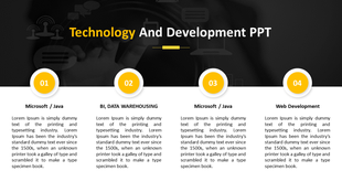 Technology and development slide with dark background, four numbered white text boxes arranged horizontally at the center.