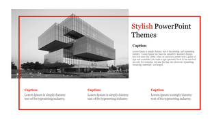 Stylish layout with black and white building photo, bold red accents, and three bottom beneath a central title section.