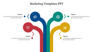 Marketing slide with four vertical paths in red, blue, teal, and yellow, each ending in a circular icon and caption area.
