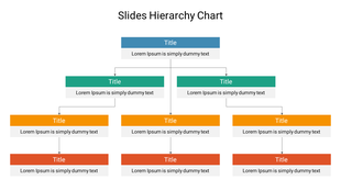 Slide hierarchy diagram with one top blue node, followed by two green, three orange, and three red nodes team structure.