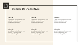 Modelos de diapositivas with six text sections in a black bordered box, and a notebook icon, on a beige and white background.