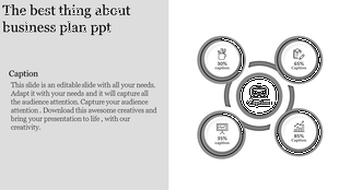 Monochrome business slide featuring circular elements with percentage values and a central briefcase icon.