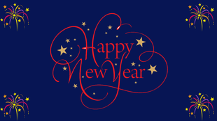 Festive PowerPoint slide with Happy New Year and golden stars, surrounded by colorful fireworks on a blue backdrop.