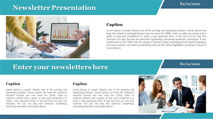 Professional newsletter slide showcasing charts and graphs alongside a team discussing strategies with text caption.
