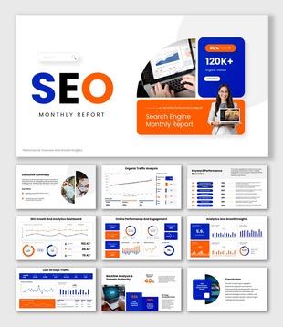 SEO Monthly Report with blue orange theme, charts, dashboards, shapes and editable text holders.