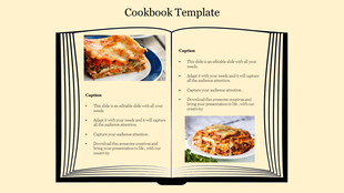 An open book style slide design with images of lasagna and text caption sections.