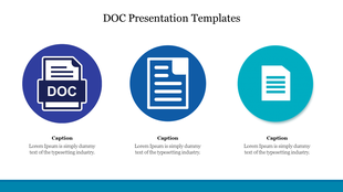 DOC file presentation slide with three different document icons in blue, teal, and purple with captions.