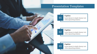 Corporate layout showing a person analyzing charts on a tablet and a numbered list of three text boxes for key points.