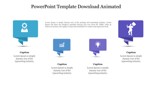 Animated template featuring four colorful speech bubbles in blue and purple shades, each with icons and captions below.