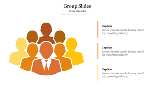 PowerPoint slide design with a group of stylized people icons arranged in a colorful pyramid shape with captions.