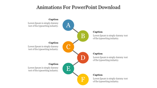 Animation slide featuring alternating captions connected to colorful circular icon labeled A to F on a central diagonal line.