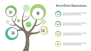 Tree illustration with circular icons representing tools and objects, accompanied by four numbered captions areas.