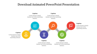 Animated slide design showing six icons in a sequence with alternating captions, representing steps or stages in a process.