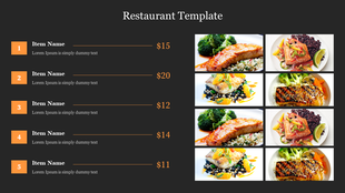 Restaurant menu template with five item names, prices, and images of various dishes on a dark background.
