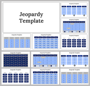 Jeopardy slide deck showcasing multiple question boards with different point configurations.