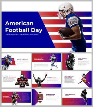 Slide deck celebrating American football day with bold visuals, colorful gradients, and football-themed content.